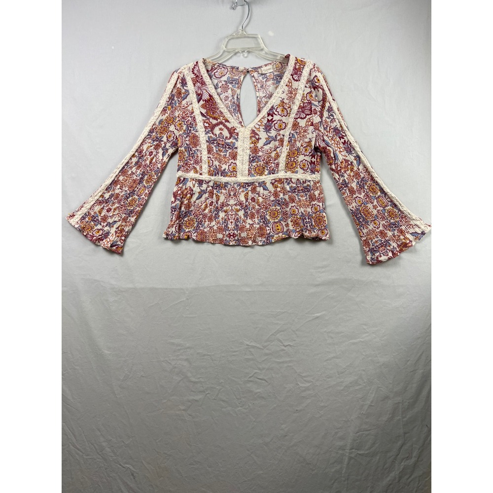 Altar'd State Blouse Womens Medium Multicolor Floral Bell Sleeve Peplum Western